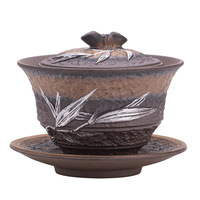 Bol à thé Gaiwan en céramique de style japonais vintage, plaqué or, émail de fer, motif bambou, pour service à thé Kung Fu, en poterie brute