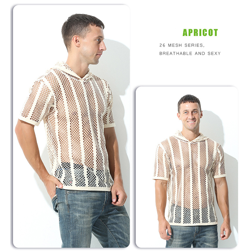 Hoodie transparent en résille ajourée pour homme, couleur abricot