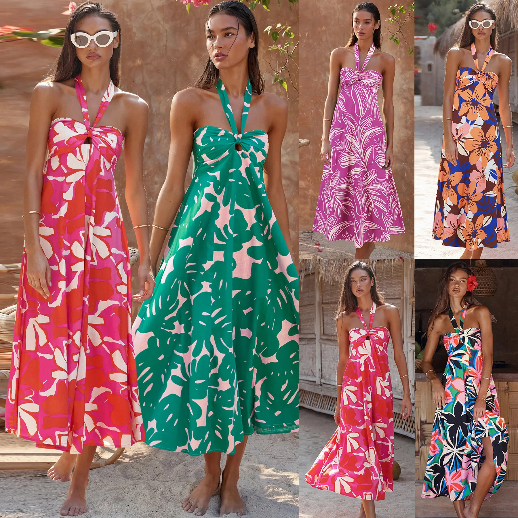 2024 Summer Dress Sexy Floral Halter Neck Boho Dress Printed Long Dress Women