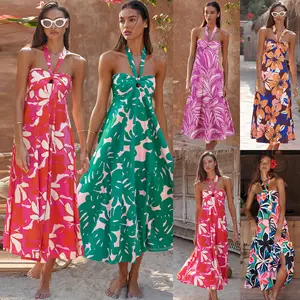 2024 Summer Dress Sexy Floral Halter Neck Boho Dress Printed Long Dress Women