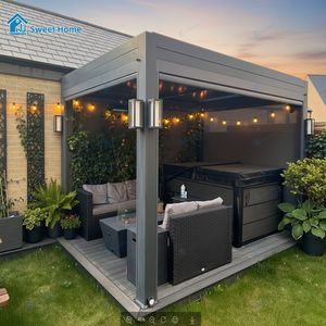 Pergola motorisée en aluminium sur mesure Sweet Home <span class=keywords><strong>avec</strong></span> écran lumineux LED <span class=keywords><strong>et</strong></span> porte coulissante en verre pour jardin, terrasse <span class=keywords><strong>et</strong></span> patio. - Product Image 3