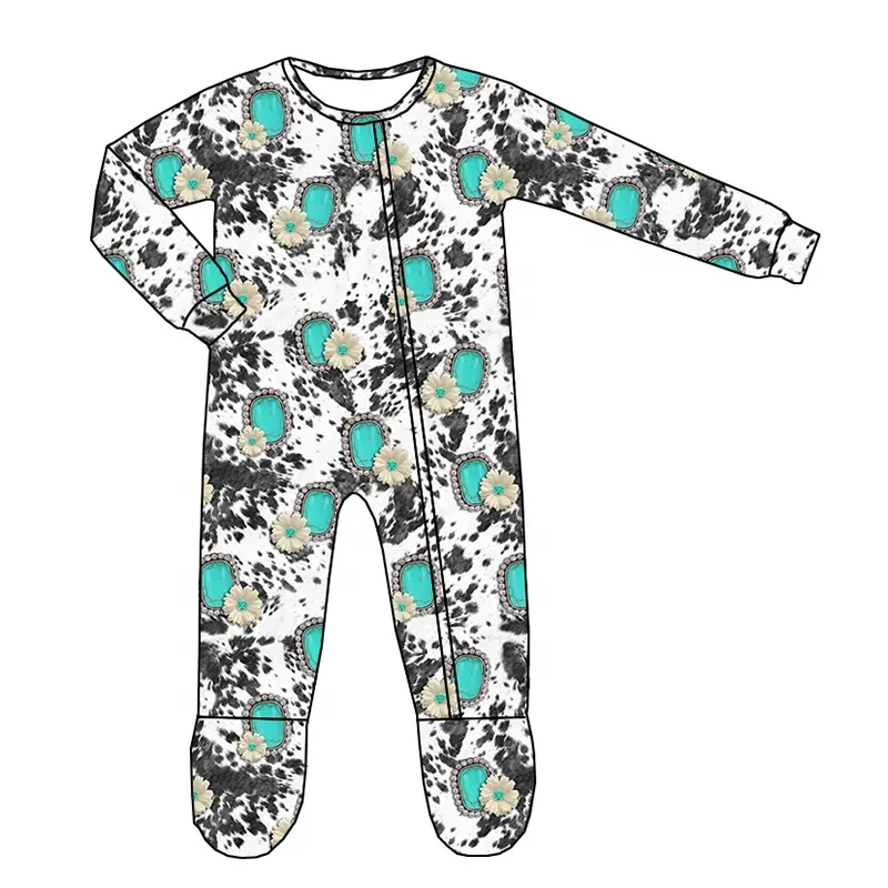 Hochwertige Neugeborenen-Baby kleidung Western Cow Turquoise Bedruckte Baby-Pyjamas Baby-Stram pler