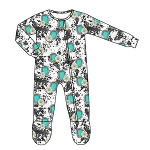 Yüksek kaliteli yenidoğan bebek giyim batı inek turkuaz baskılı bebek pijamaları bebek tek parça romper