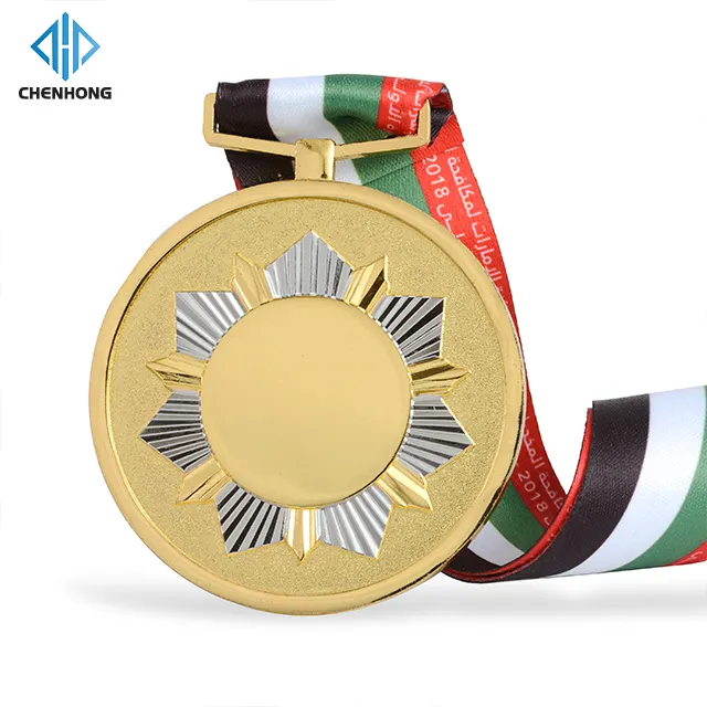 Fabricant de médailles et trophées personnalisés de haute qualité Médaille des Émirats arabes unis personnalisée en or et argent avec ruban de sublimation