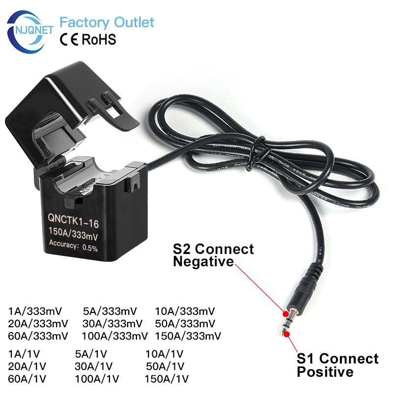 Split Core CT Current Transformer Factory QNCTK1-16 100A 333mV 60A 50A 1V 30A 3.33V 20A 5A 1A 0.333V AC Clamp on Current Sensor