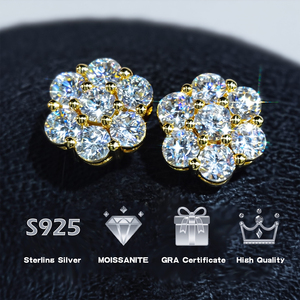 Boucles d'oreilles clous en Moissanite et diamant de laboratoire pour hommes et femmes, 6mm, 7.5mm, 9mm, 10mm, en argent sterling 925 plaqué or 14K, motif grappe de fleurs - Product Image 3