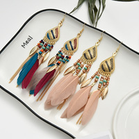 Gland balancent longues boucles d'oreilles bohème feuille plume boucles d'oreilles en forme d'éventail frangé plume graine perlée boucles d'oreilles pour femme