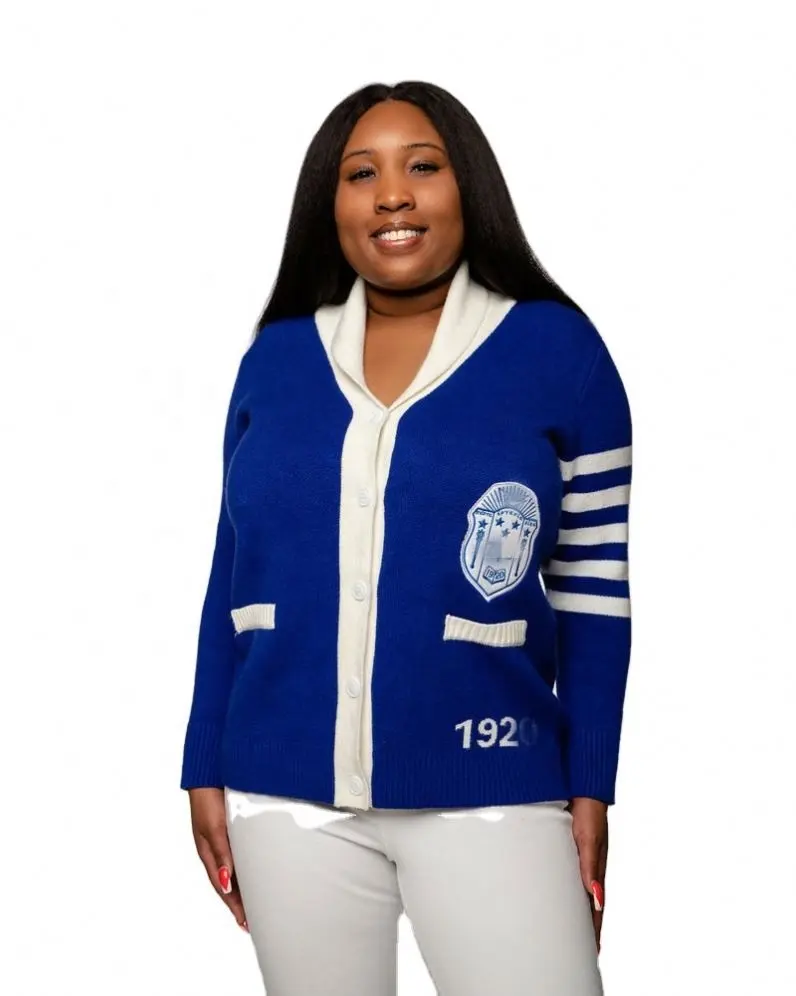 ファクトリーカスタムZePh Be Sorority Royal Blue Vintage Varsity with Stitched Letters and Crest Cardigan College US Sweater Woman