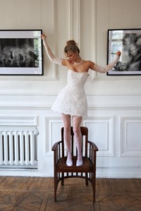 Abito da sposa moderno a trapezio <span class=keywords><strong>Mily</strong></span> Bridal MW438 da donna, mini abito da sposa in pizzo francese con scollo a barchetta e maniche staccabili - Product Image 4