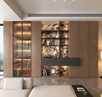 Meuble de salon moderne de luxe avec éclairage LED, panneau arrière en marbre veiné, étagères vitrées et fonctions de rangement