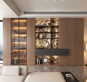 Meuble de salon moderne de luxe avec éclairage LED, panneau arrière en marbre veiné, étagères vitrées et fonctions de rangement - Product Image 2