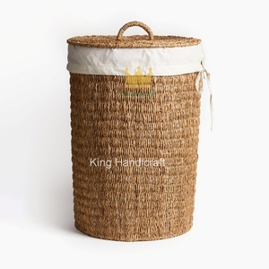 Panier en jonc de mer à prix abordable avec couvercle, panier à linge en osier naturel, grand panier tressé en jonc de mer pour chambre d'enfant - Product Image 1