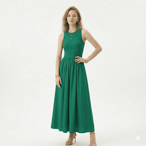 Robe longue maxi plissée unie à taille haute, sans manches, col rond, vert décontracté, pour femme, personnalisable OEM, idéale pour l'été - Product Image 5