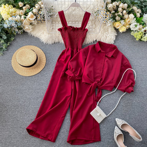 Conjunto de Dos Piezas Estilo Vacacional, Pantalones Anchos Plisados con <span class=keywords><strong>Tirantes</strong></span>, <span class=keywords><strong>Camisa</strong></span> Tipo Cárdigan de <span class=keywords><strong>Manga</strong></span> <span class=keywords><strong>Corta</strong></span> con Cuello, Moda Femenina - Product Image 1