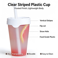 Bouteille en plastique PP côtelée jetable de 500 ml (16 oz) résistante à la chaleur, à rayures verticales, pour emballage de thé au lait, thé au citron, avec couvercle
