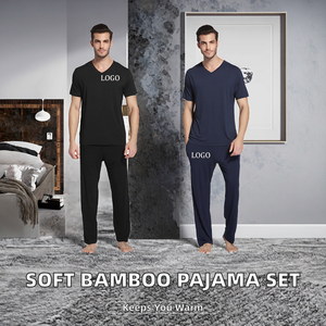 Conjunto de Pijama de Bambú Tejido para Hombre, Ropa de Dormir Personalizada, Pantalones de Manga Corta, Transpirable y Suave, Fabricante OEM - Product Image 2