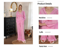 Set Loungewear Wanita dengan Kancing Depan, Kerah V, Bahan Katun 100% Bertekstur Slub, Label Pribadi Grosir, Dilengkapi Celana Lebar Berumbai