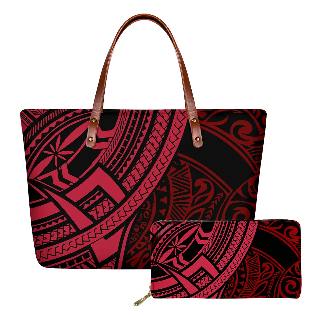 2022 Custom Purses And Handbags Luxury Women Red Samoa Tribal Tattoo Printed Polynesian Bags Shoulder Tote Bags Matching Wallets