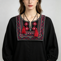 Collier fantaisie brodé multi-motifs floraux tribaux en gros, patch à coudre avec pompons pour la décoration DIY des vêtements