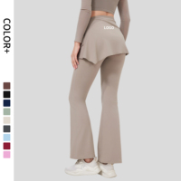 POVTY Leggings de yoga évasés à taille haute pour femmes, 2 pièces, avec logo personnalisé, jupe semi-longue, effet rideau, effet lifting des fesses, contrôle du ventre, pantalon évasé