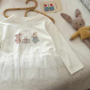 Tongxingyuan Baby Girls Long Sleeve T-Shirt With Lace Hem Cartoon Print Breathable Spring Autumn Top - Product Image 2