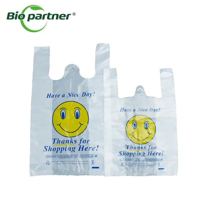 Manufacturer 1/6 Smile Pattern Supermarket T Shirt Handle Shopping Bags Reusable Handbag Take Out Grocery Bag