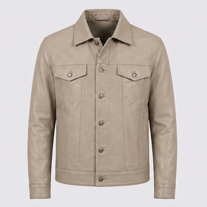 Veste en cuir beige pour homme, col rabattu, fermeture à boutons - Product Image 1