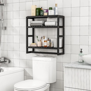 Adjustable 3-Tier <strong>Floating</strong> Bamboo Bathroom Organizer <strong>Shelves</strong> Black over Toilet <strong>Storage</strong> with Towel Hanging Rod for Kitchen Use - Product Image 2