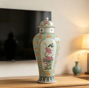 Vaso Antico da Collezione in Porcellana Cantonese Famille Rose con Motivo a Spirale <span class=keywords><strong>Turchese</strong></span>, Finestra Aperta e Fiore di Loto, Vaso per Zenzero con Coperchio - Product Image 5