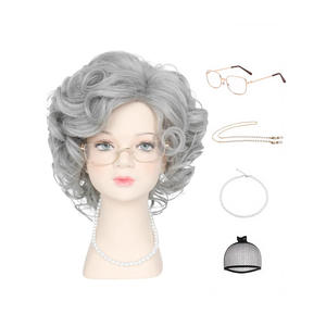 Nueva Peluca Corta y Rizada para Mujer Estilo Europeo Americano, Base de Encaje Natural, Fibra Sintética, Gorro Pequeño, Color <span class=keywords><strong>Gris</strong></span> Plateado, Peluca para Mamá - Product Image 1