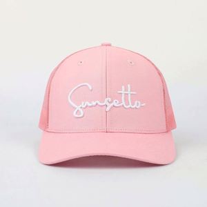 OEM Service 6 Panel Low Profile Women <b>Pink</b> Ponytail Trucker Hat, Cotton Mesh 3D Embroidered Slightly Curved Brim Trucker Hat - Product Image 2