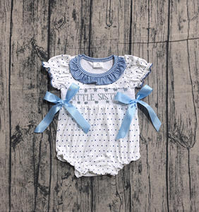 SR3981 RTS Infant Baby Blue polka little sister smock <b>Kids</b> Wholesale Romper ruffle Sleeve Jumpsuit girl <b>Bubble</b> - Product Image 1