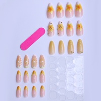 24 faux ongles en plastique amande, 3D, amovibles, à presser, style français, longueur moyenne