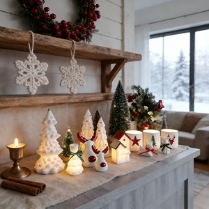 Set di Decorazioni Natalizie Luminose in Ceramica - Ornamenti a LED di Renne, Gnomi e Villaggio per Esposizione su Mensole Festive - Product Image 5