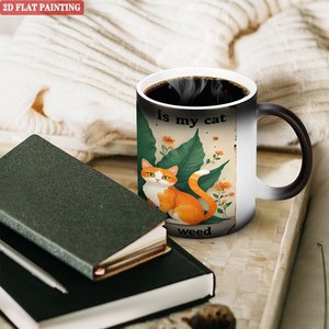 Frosted Black 11oz Ceramic <b>Mug</b> Color <b>Changing</b> <b>Heat</b> Sensitive Cup Cat Design 2D Flat Painting - Product Image 3