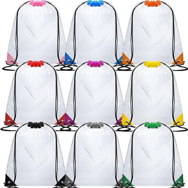 Wholesale Custom 9pcs Portable Waterproof Transparent PVC Colorful Drawstring Bags Clear Stadium Backpacks for Unisex Gym Events