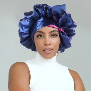 Low MOQ Large Sleeping Hats Adjustable Silk Satin Hair Bonnet With Tie Solid Color Sleep Bonnets Edge Wraps