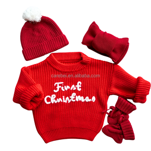 Trẻ Sơ Sinh Màu Đỏ Đầu Tiên Giáng Sinh Lớn Đan Pom Pom Beanie Hat Bow Và Vớ 3Pcs Thiết Lập Cotton Đan Phụ Kiện Bé Headband Booties Cap - Product Image 3