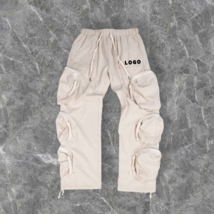 Özel Logo yüksek bel İpli Baggy Casual çok cepler pantolon erkekler için Streetwear geniş bacak paraşüt kargo pantolon - Product Image 2