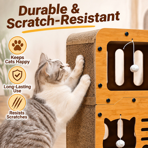 Maisonnette pour chat en bois de 52 cm, à 2 niveaux, avec griffoir en carton et balles suspendues, livraison rapide UE depuis la Pologne - Product Image 4