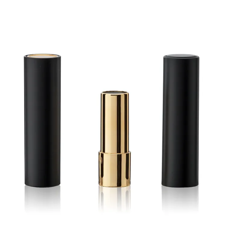 Refillable 3-3.5g kunststoff matte schwarz click lippenstift rohr/container/verpackung/fall mit glänzend gold hülse und taste