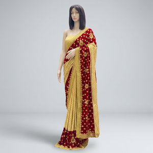 Sari en velours pur avec chemisier en soie Malai, broderie riche, bordure élégante et fantaisie, longueur au sol, pour soirée - Product Image 6