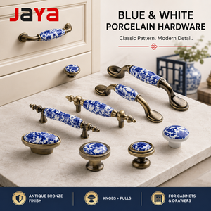 Gagang dan Kenop Kabinet Porselen Biru Putih JAYA, Tarikan Laci Perunggu Antik untuk Lemari Dapur, Lemari Pakaian, dan Meja Rias - Product Image 1