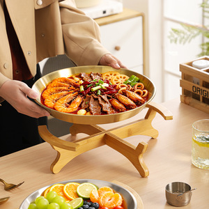Plateau en acier inoxydable avec support en bambou, plateau de service rond multifonctionnel pour fruits de mer, fruits, utilisation en cuisine - Product Image 1