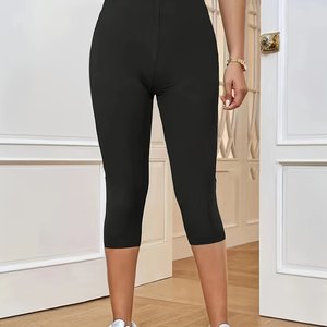 Printemps et été pour les femmes décontractées taille haute détails élastiques longueur genou solide Capri pantalon skinny - Product Image 6