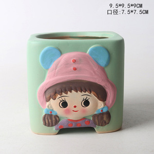 Maceta de cerámica con diseño de dibujos animados para plantas, maceta de cerámica verde pintada <span class=keywords><strong>a</strong></span> <span class=keywords><strong>mano</strong></span> con flores suculentas, 2023 - Product Image 6