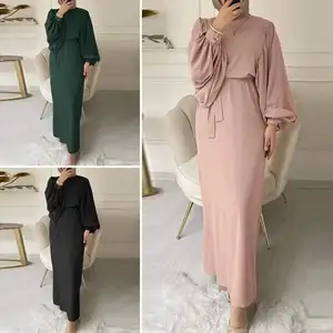 Fashion Solid Color Muslim Dress Dubai Turkey Casual Long Sleeves Dresses Women Islamic Robe Abaya Dress