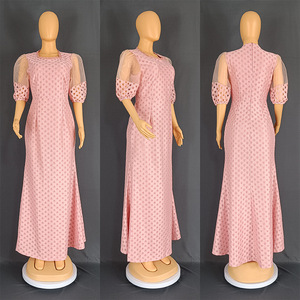 Vestido de noche transfronterizo europeo y americano para mujer, malla de Color sólido, mangas abullonadas, encaje hueco, falda de cola de pez que cubre la cadera - Product Image 6