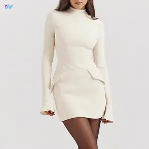 Özel Oem rahat moda Lady kadınlar seksi uzun parlama kollu zarif kısa Mini Bodycon yaz elbiseler