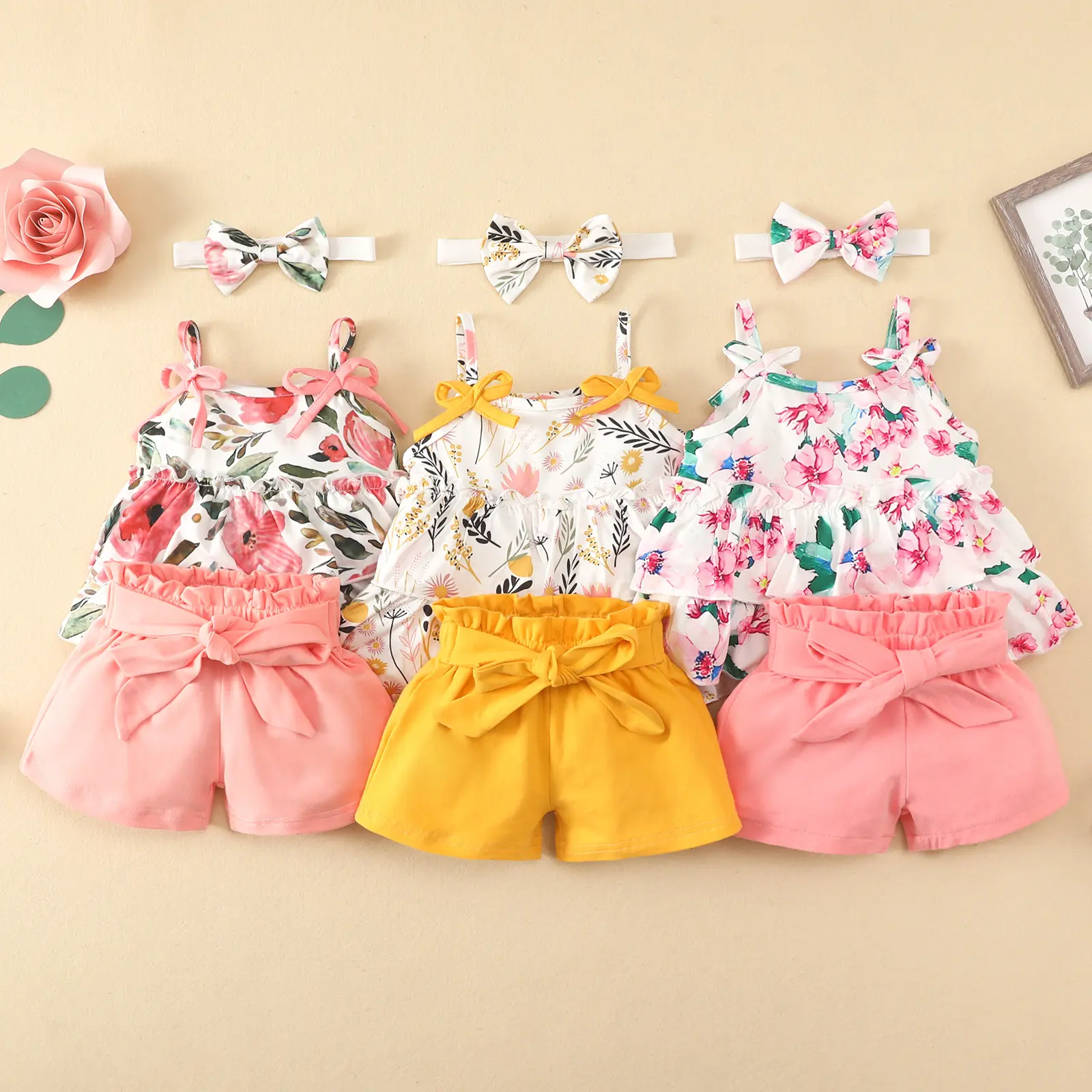 Baby Cotton Sleeveless Sling Casual Solid Belt Shorts 3 pcs Newborn Flower Top Shorts Headband Set Summer Baby Girls Clothing